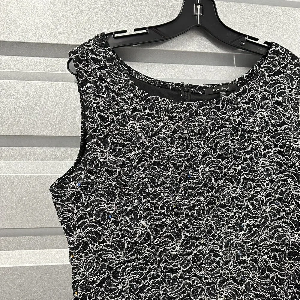 Blu Sage‎ Dress Size 16 Black Silver Cocktail Sequins Metallic Threads Hi Lo Hem
